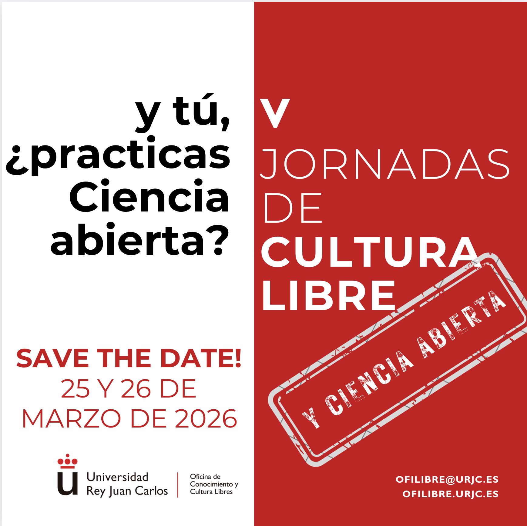 Fondo blanco, texto rojo y negro. Save The Date, el 25 y 26 de Marzo 2026